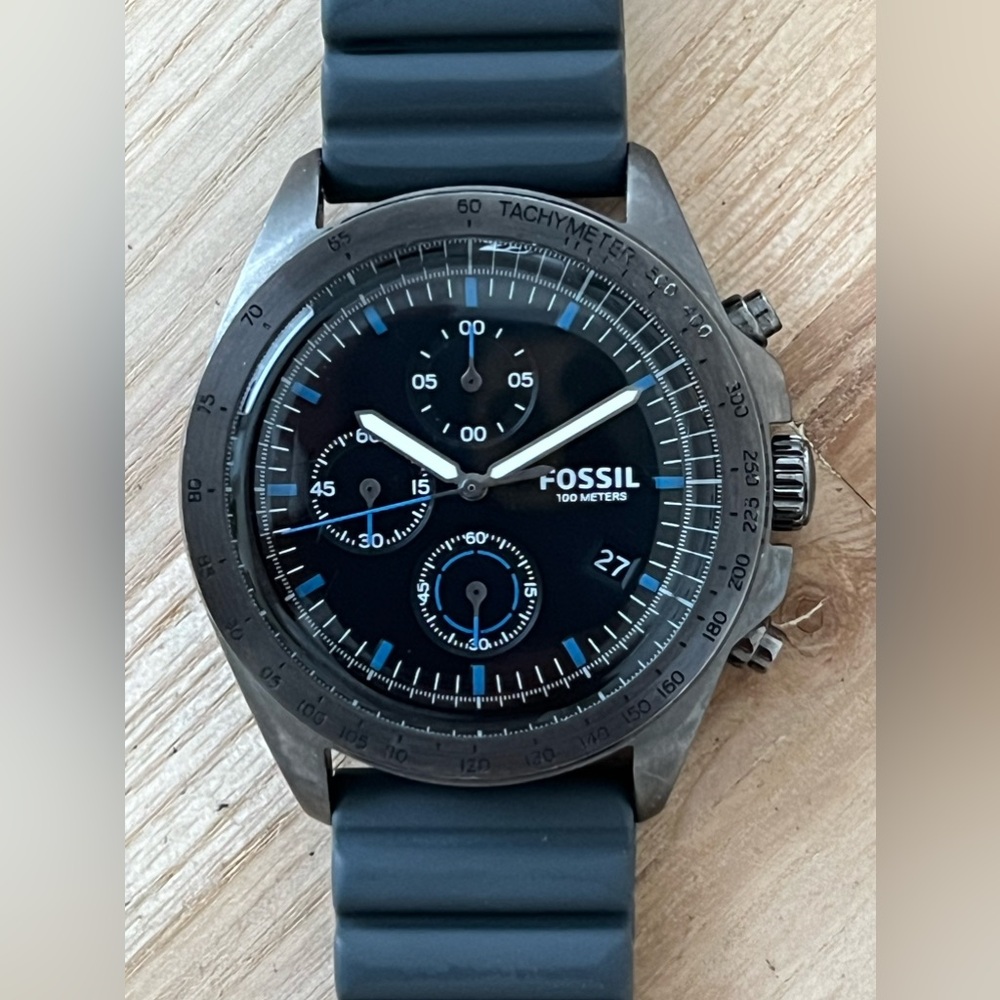 Fossil Chronograph Men’s Watch Black Dial Blue Markers Blue Silicone Strap - Picture 4 of 15
